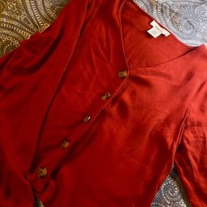 Red button up blouse